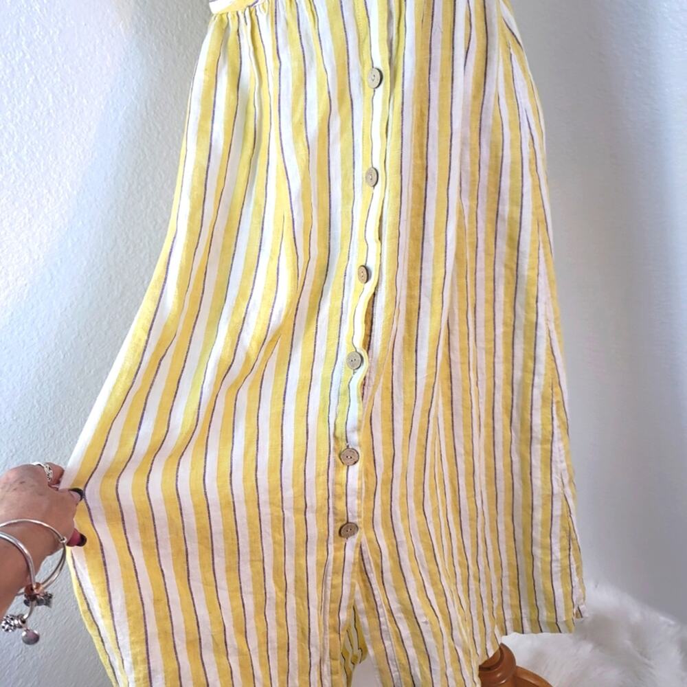 RACHEL ZOE Yellow Ivory Striped Linen Button Front Midi Dress Breezy Summer - Picture 5 of 14